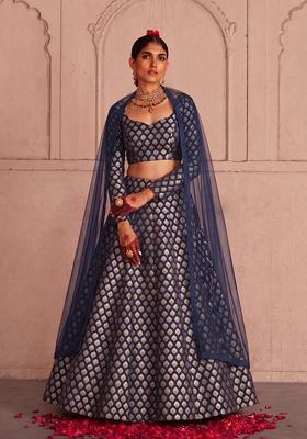 Navy Blue Silk Blend Lehenga Set