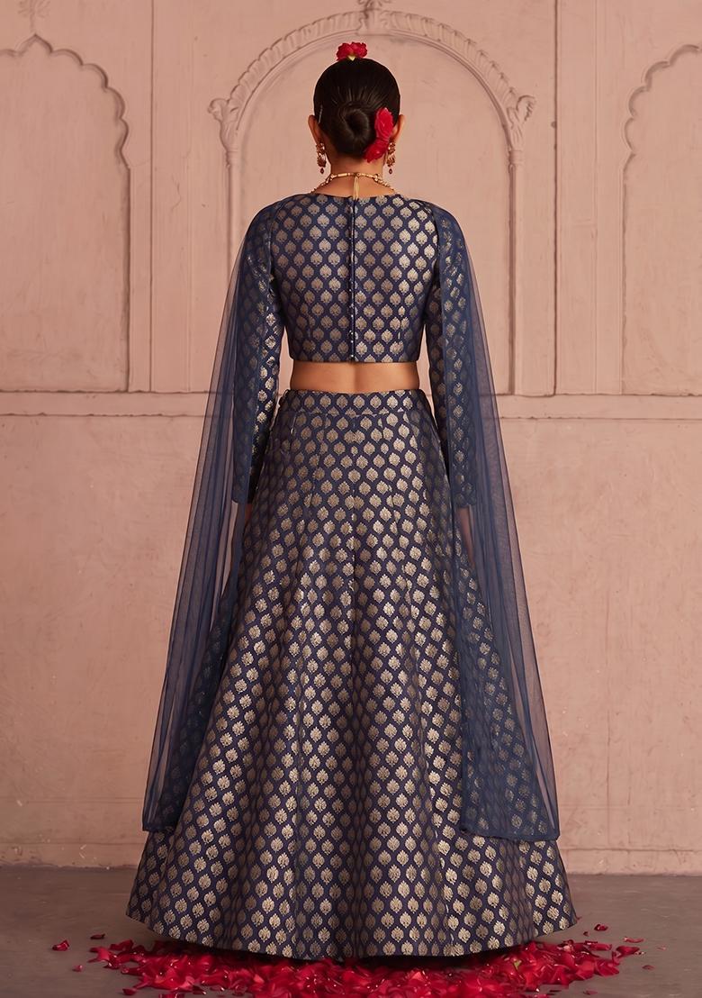 Navy Blue Silk Blend Lehenga Set - Indya