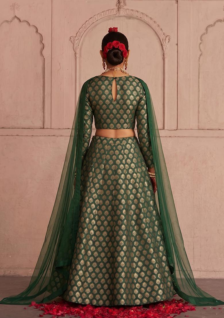 Emerald Green Silk Blend Lehenga Set - Indya