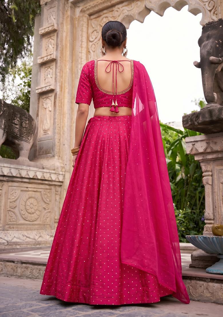 Magenta Pink Embroidered Silk Blend Lehenga Set - Indya