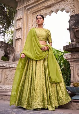 Lime Green Embroidered Silk Blend Lehenga Set