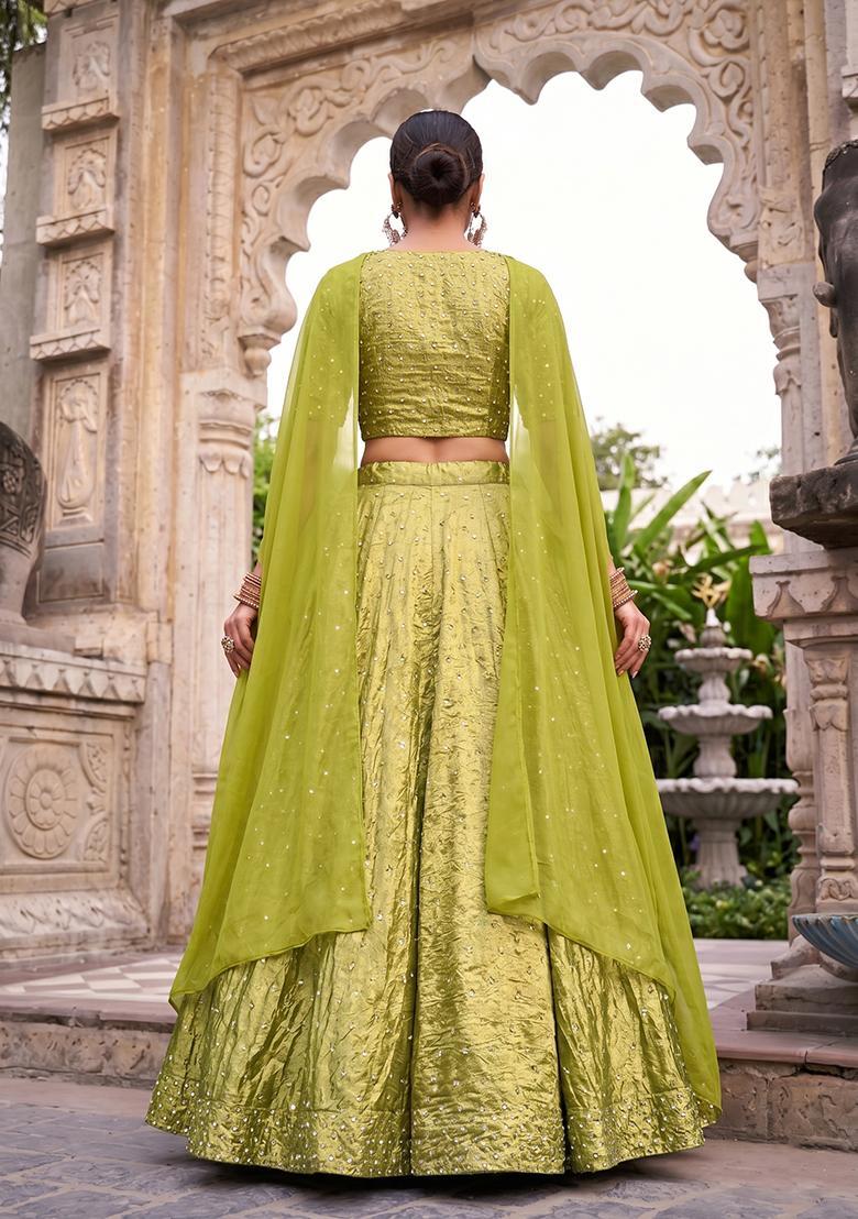 Lime Green Embroidered Silk Blend Lehenga Set - Indya