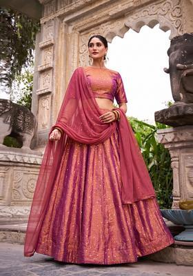Onion Pink Embroidered Silk Blend Lehenga Set