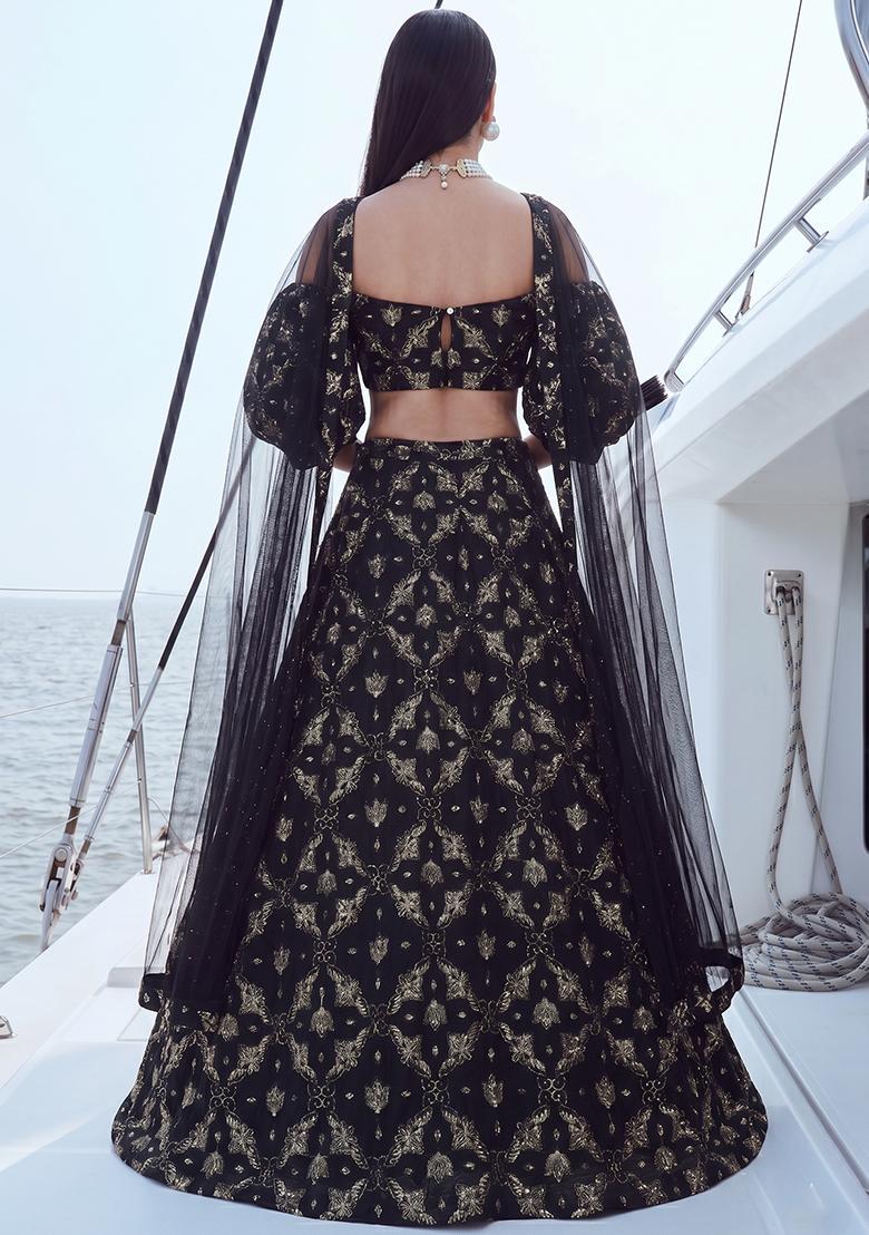 Black Embroidered Organza Lehenga Set - Indya