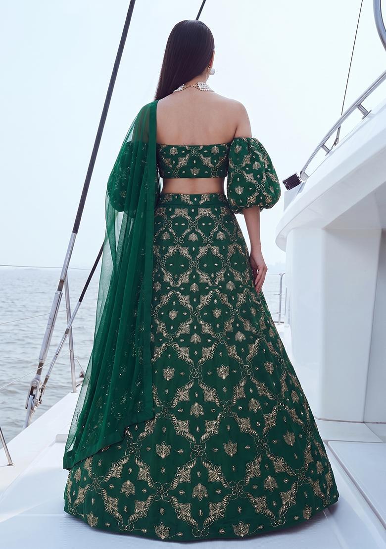 Emerald Green Embroidered Organza Lehenga Set - Indya