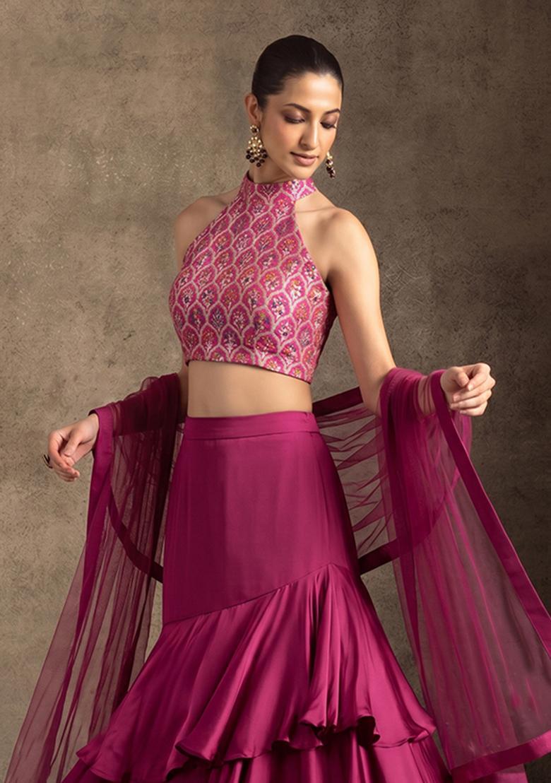 Rani Pink Zari Brocade Lehenga Set - Indya