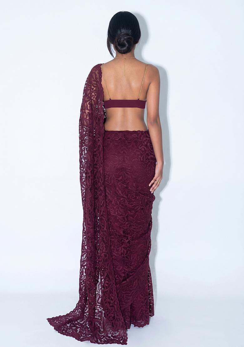 Deep Wine Lace Work Chanderi Pre Draped Saree Set - Indya