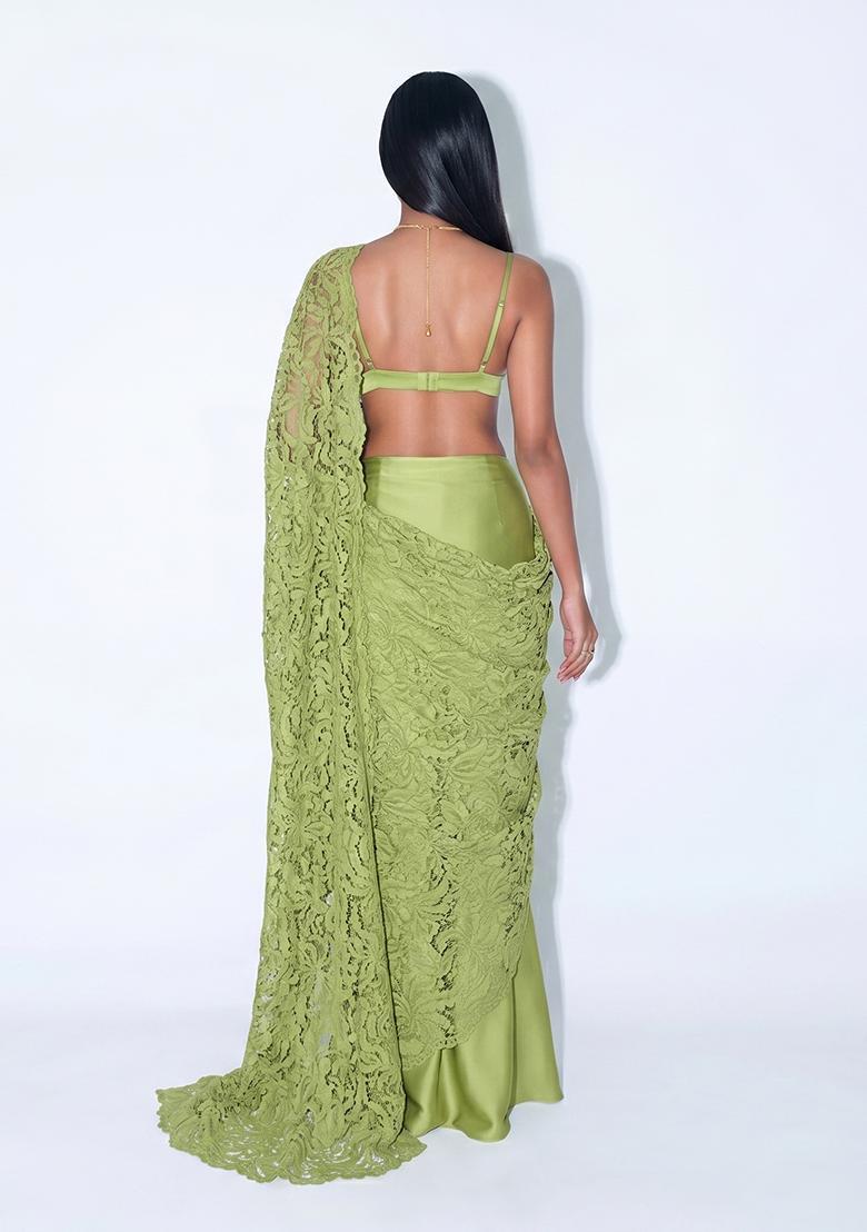 Lime Green Lace Work Chanderi Pre Draped Saree Set - Indya