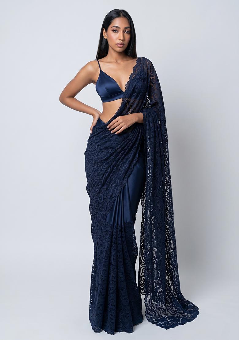 Navy Blue Lace Work Chanderi Pre Draped Saree Set - Indya
