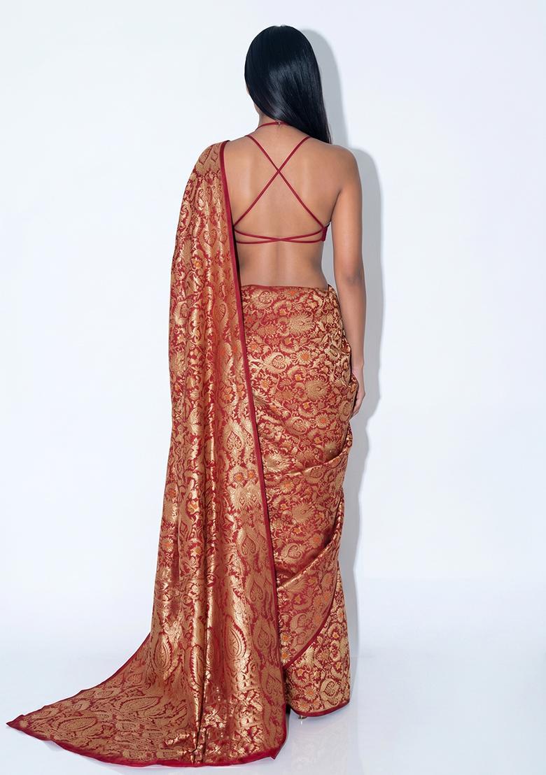 Red Zari Brocade Pre Draped Saree Set - Indya