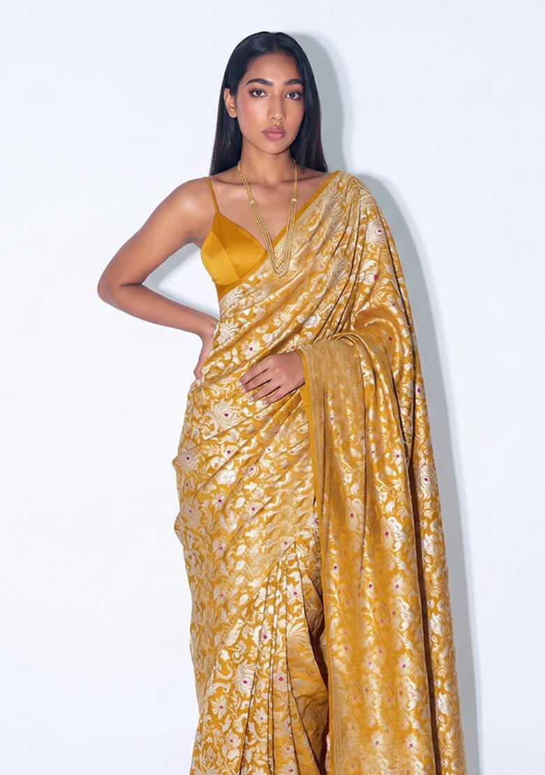 Mustard Yellow Zari Brocade Pre Draped Saree Set - Indya