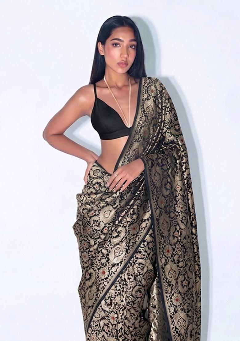 Jet Black Zari Brocade Pre Draped Saree Set - Indya