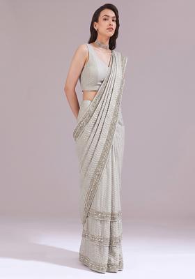 Off White Embroidered Georgette Pre Draped Saree Set