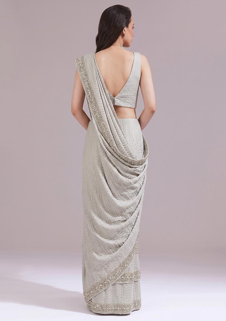 Off White Embroidered Georgette Pre Draped Saree Set - Indya