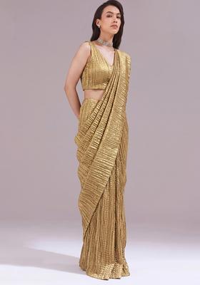 Metallic Gold Solid Georgette Pre Draped Saree Set