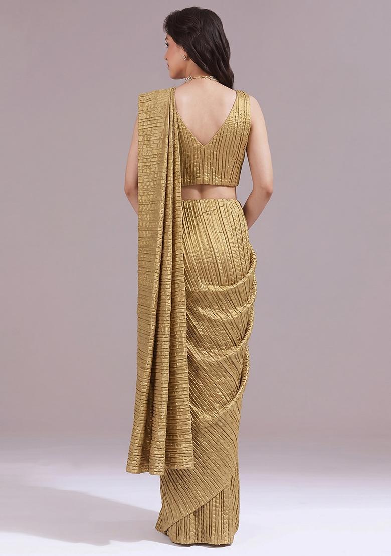 Metallic Gold Solid Georgette Pre Draped Saree Set - Indya