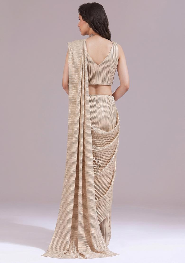 Sand Beige Solid Georgette Pre Draped Saree Set - Indya