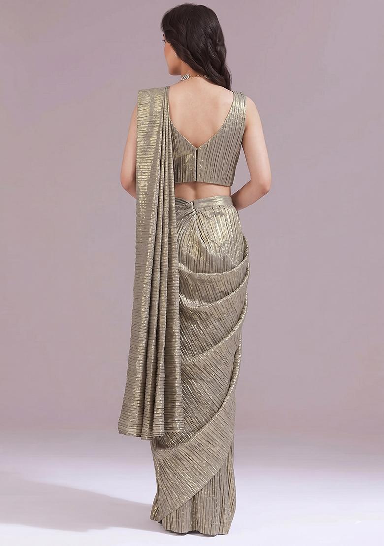 Metallic Grey Solid Georgette Pre Draped Saree Set - Indya
