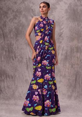 Violet Printed Chinon Pre Draped Saree Set