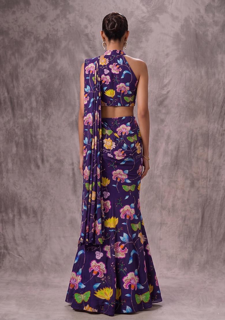 Violet Printed Chinon Pre Draped Saree Set - Indya