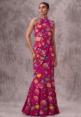 Fuchsia Pink Printed Chinon Pre Draped Saree Set
