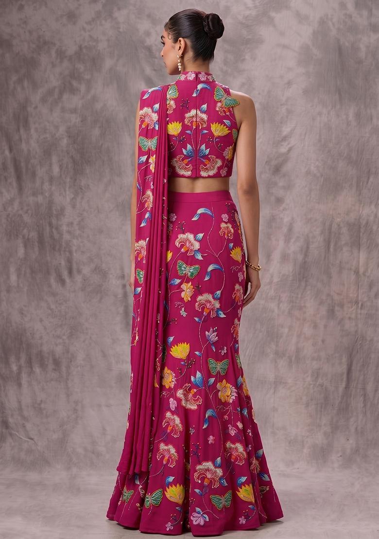 Fuchsia Pink Printed Chinon Pre Draped Saree Set - Indya