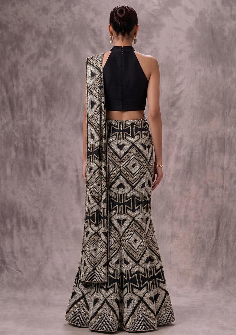 Jet Black Printed Chinon Pre Draped Saree Set - Indya