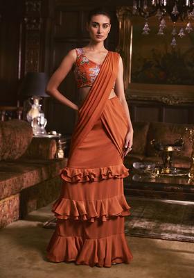 Rust Orange Printed Tissue Pre Draped Saree Set