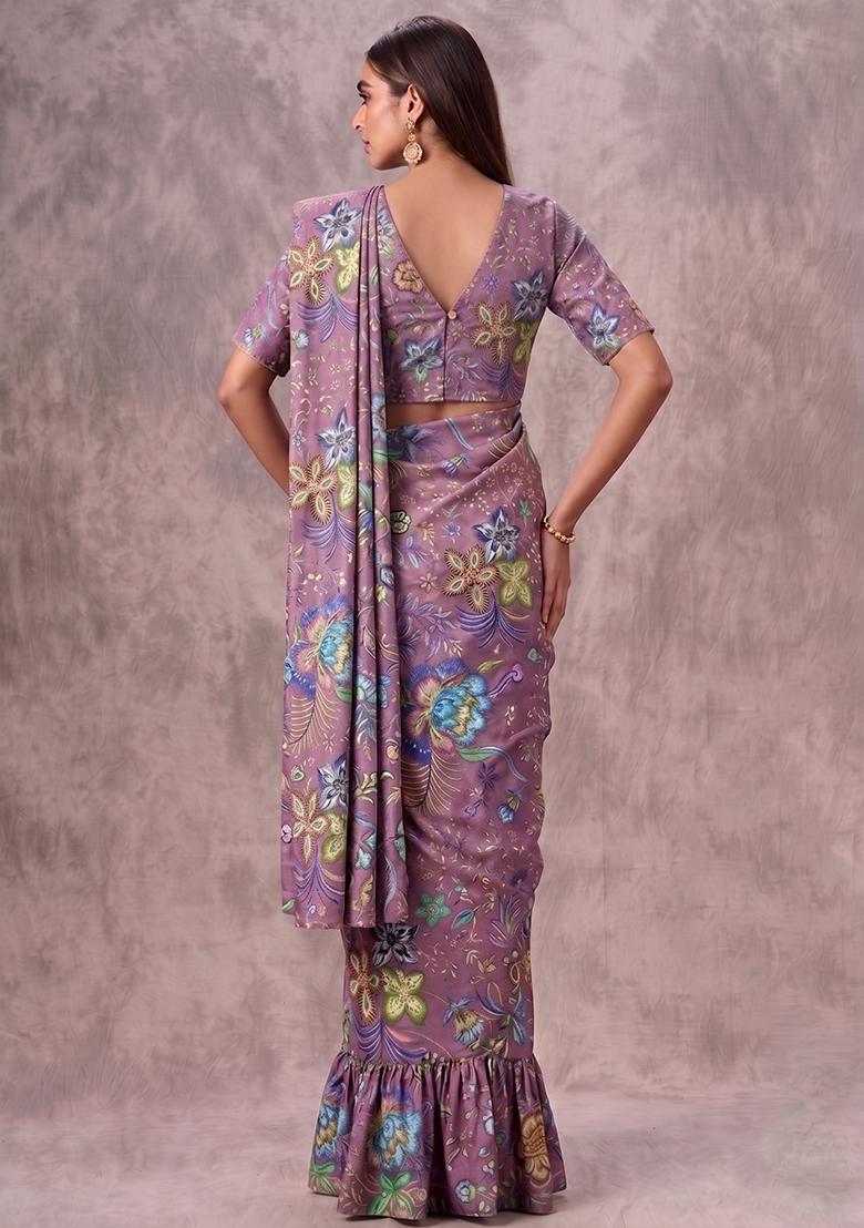 Mauve Purple Printed Chinon Pre Draped Saree Set - Indya