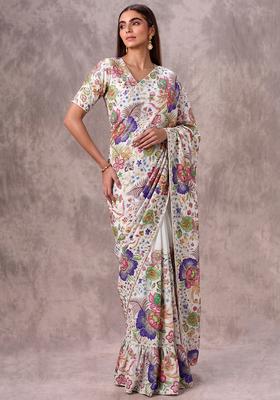 Off White Printed Chinon Pre Draped Saree Set