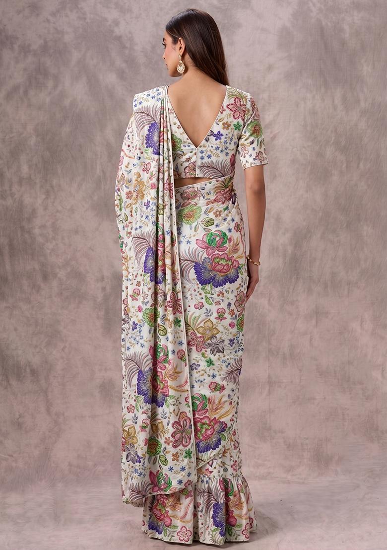 Off White Printed Chinon Pre Draped Saree Set - Indya