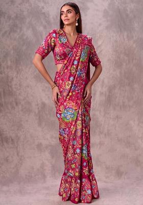Rani Pink Printed Chinon Pre Draped Saree Set