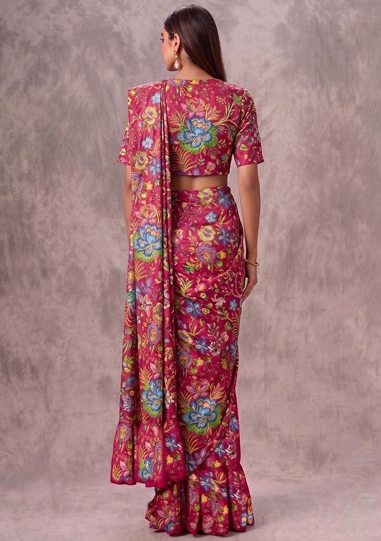 Rani Pink Printed Chinon Pre Draped Saree Set - Indya
