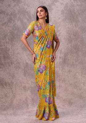 Mustard Yellow Printed Chinon Pre Draped Saree Set