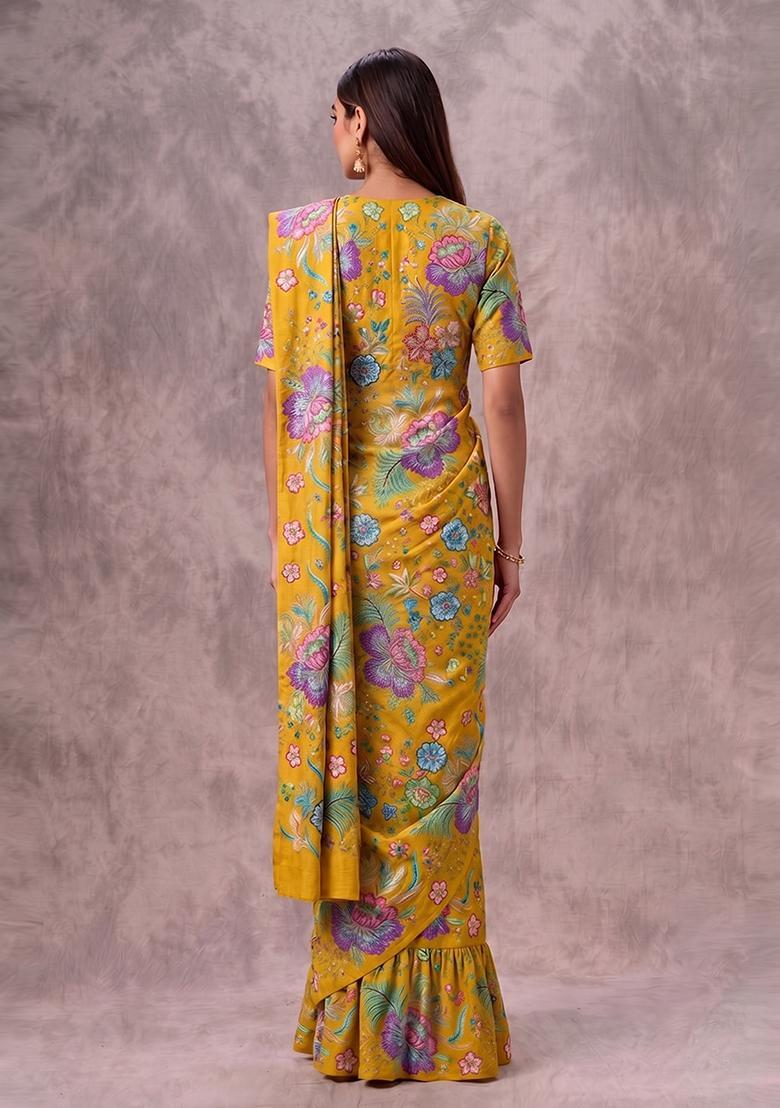 Mustard Yellow Printed Chinon Pre Draped Saree Set - Indya