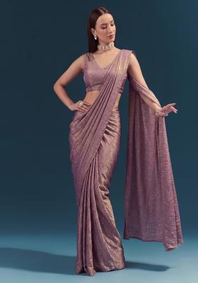 Mauve Purple Embroidered Silk Blend Pre Draped Saree Set