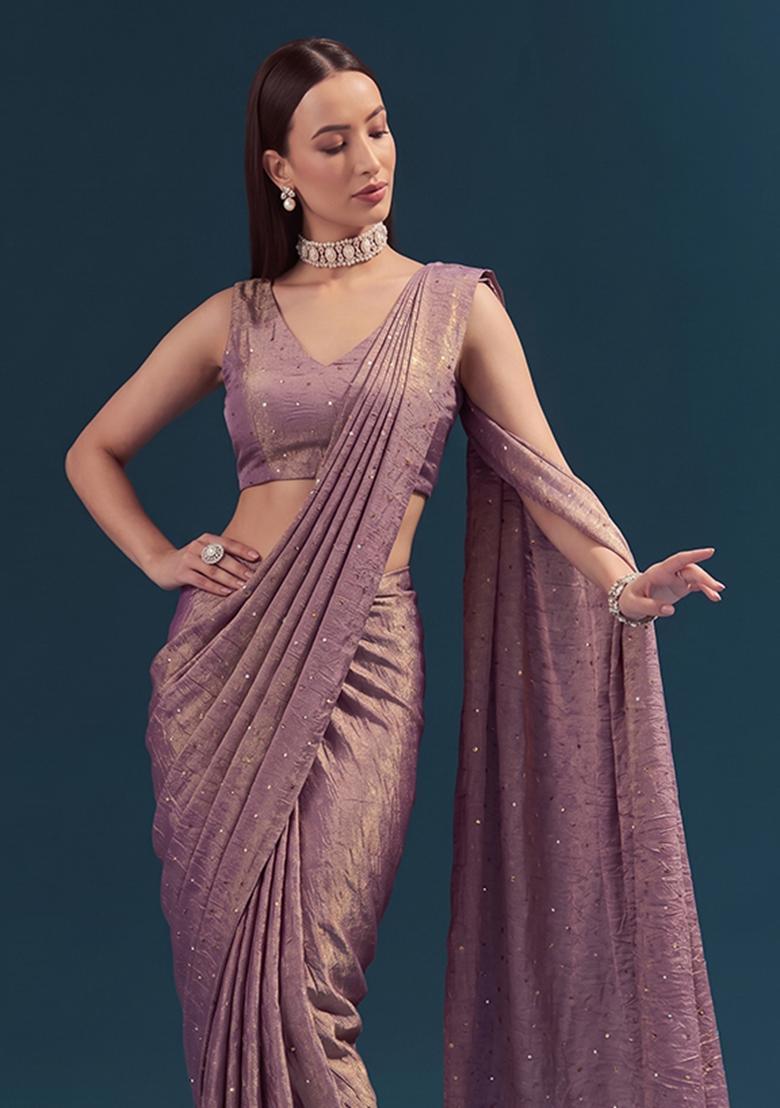 Mauve Purple Embroidered Silk Blend Pre Draped Saree Set - Indya