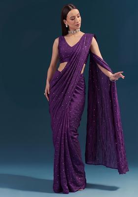 Dark Purple Embroidered Silk Blend Pre Draped Saree Set