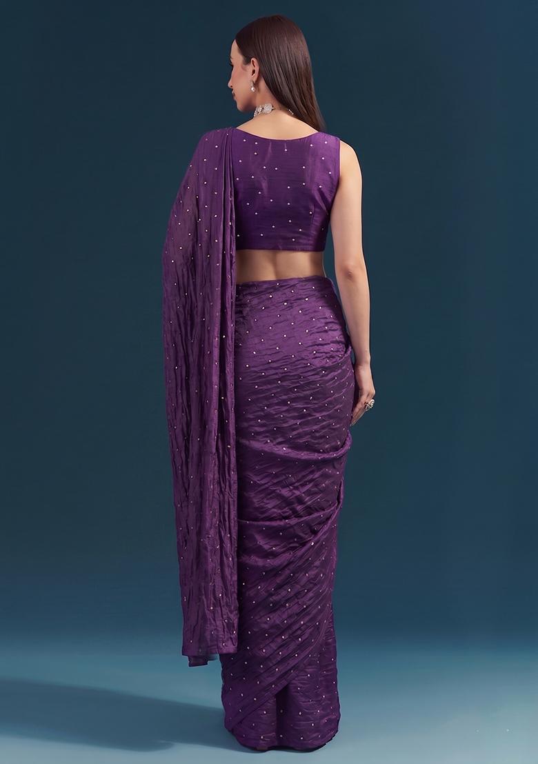 Dark Purple Embroidered Silk Blend Pre Draped Saree Set - Indya