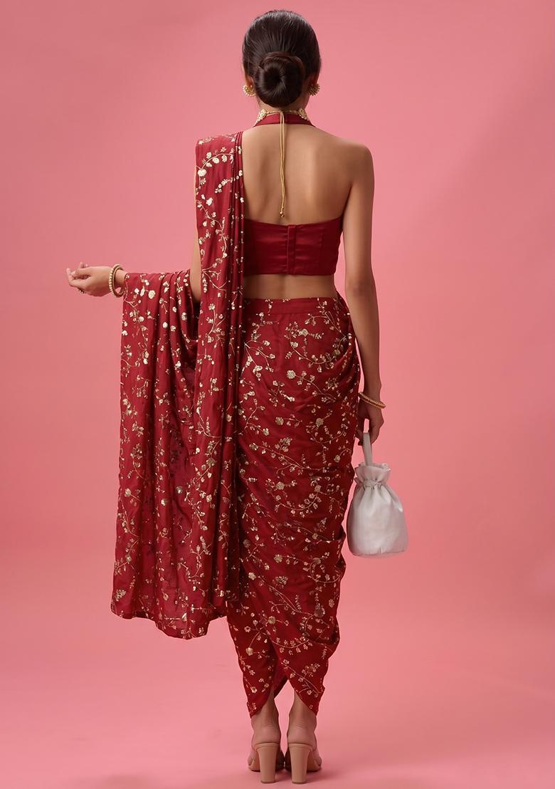 Red Embroidered Crepe Pre Draped Saree Set - Indya