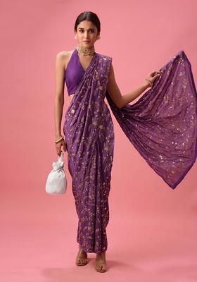 Purple Embroidered Crepe Pre Draped Saree Set