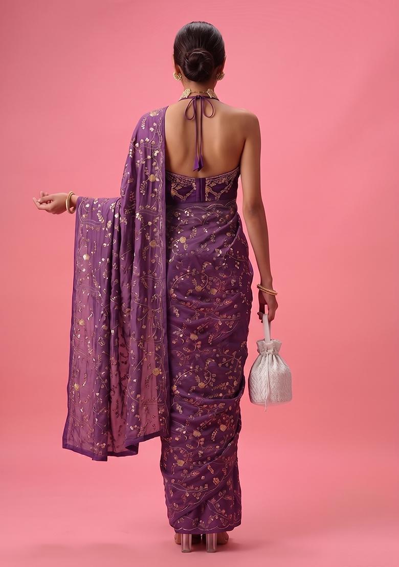 Purple Embroidered Crepe Pre Draped Saree Set - Indya