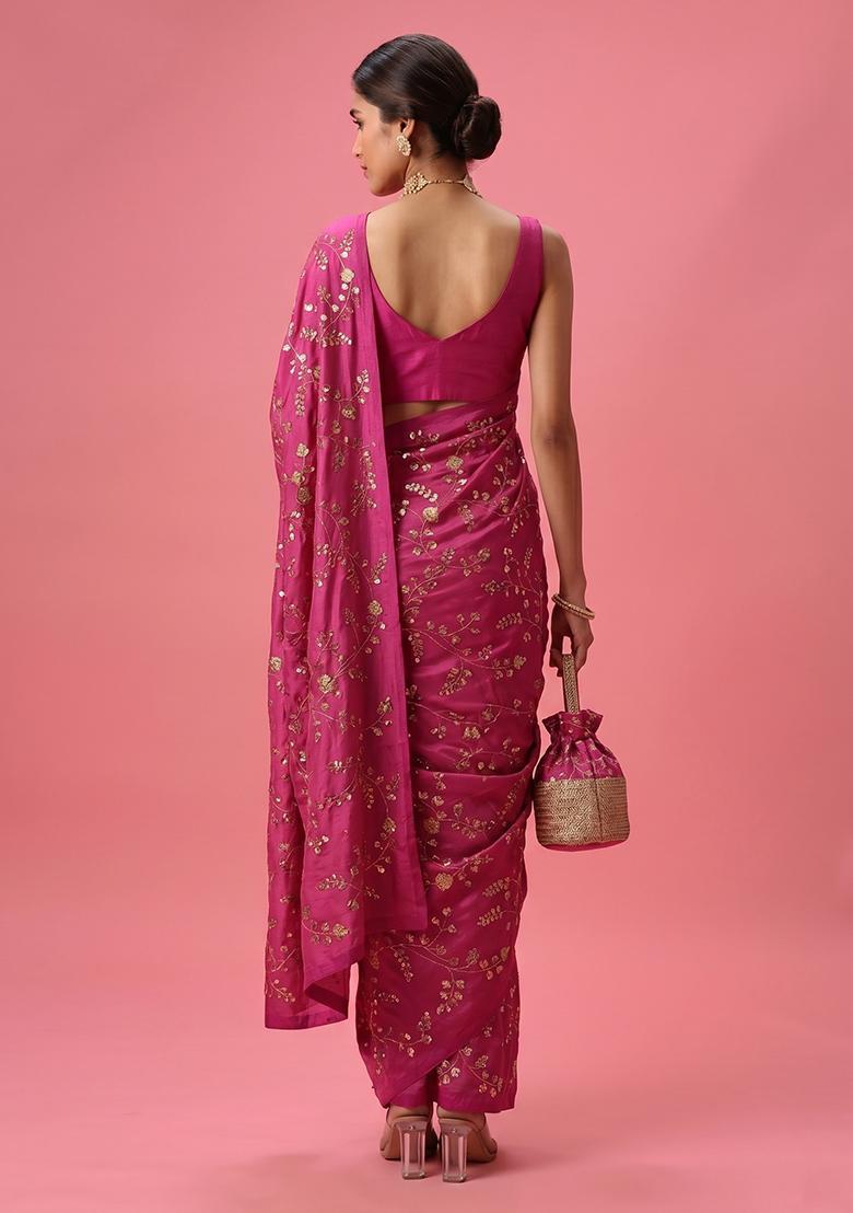 Magenta Embroidered Crepe Pre Draped Saree Set - Indya