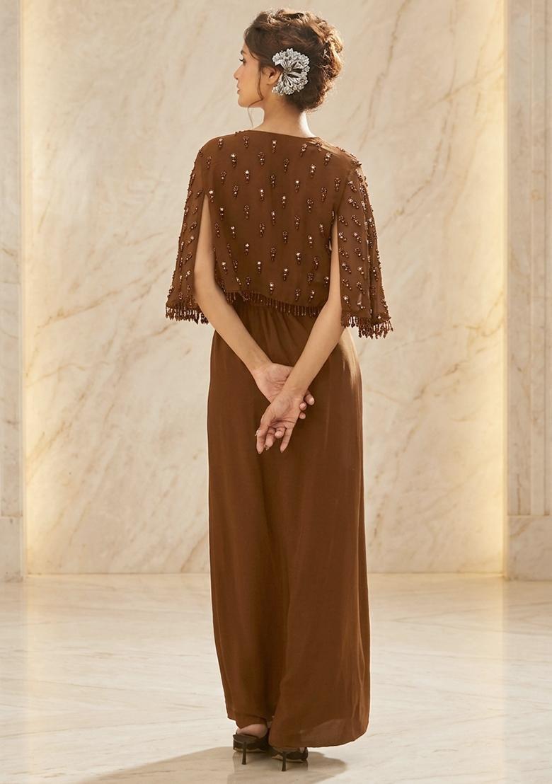 Caramel Embroidered Handwork Fusion Set - Indya