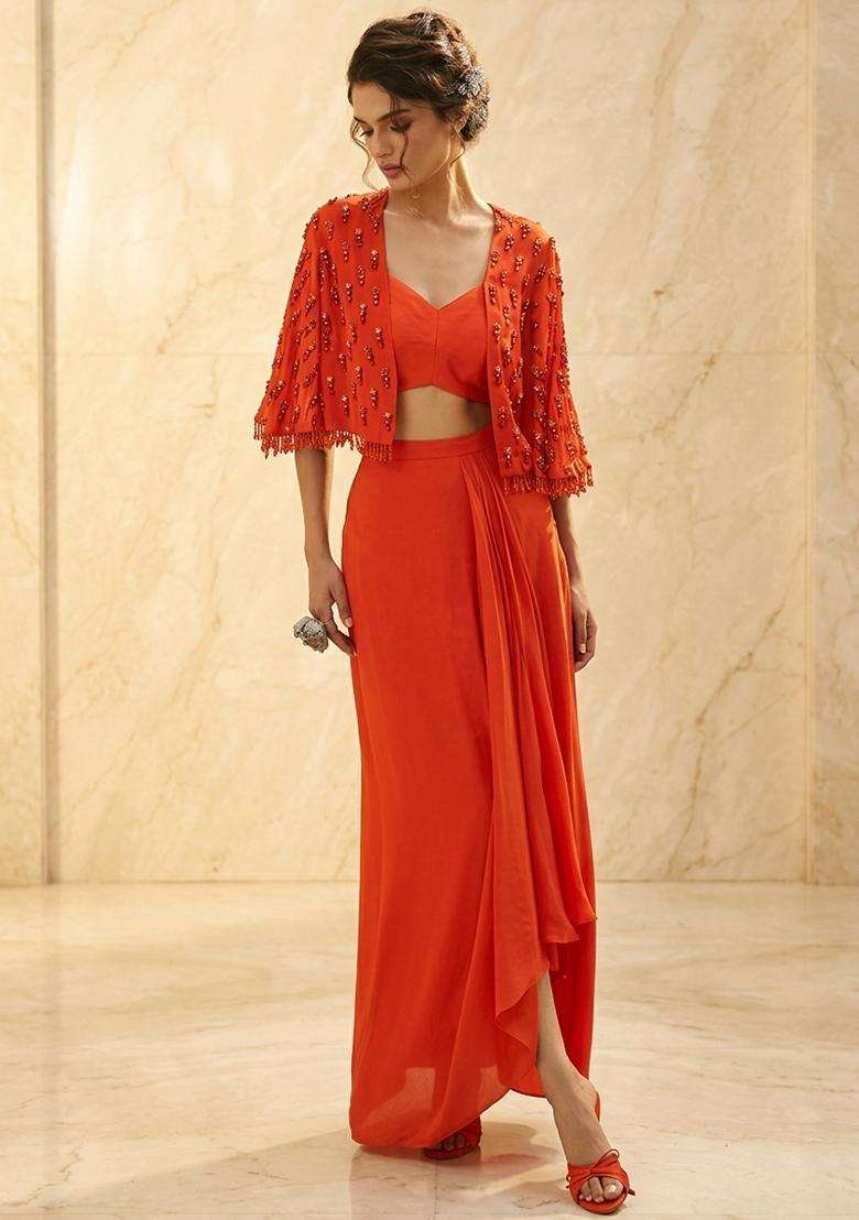 Orange Embroidered Handwork Fusion Set - Indya