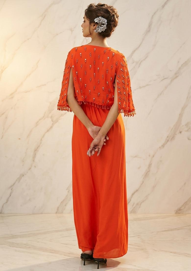 Orange Embroidered Handwork Fusion Set - Indya