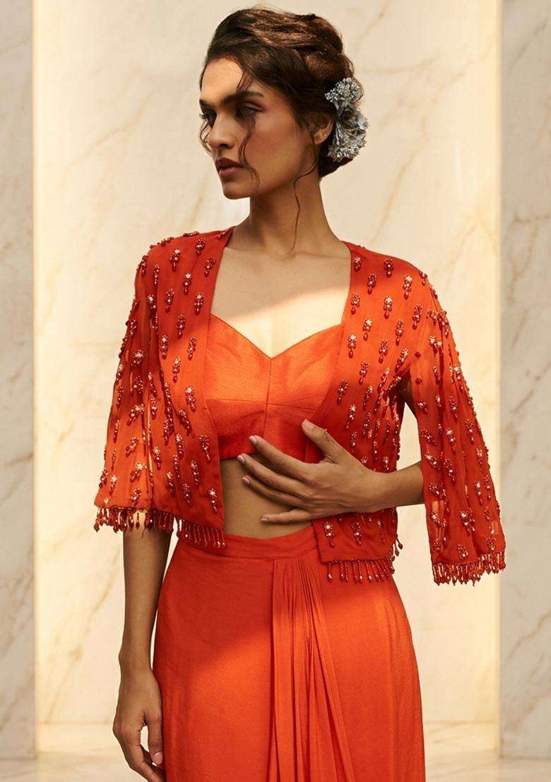 Orange Embroidered Handwork Fusion Set - Indya