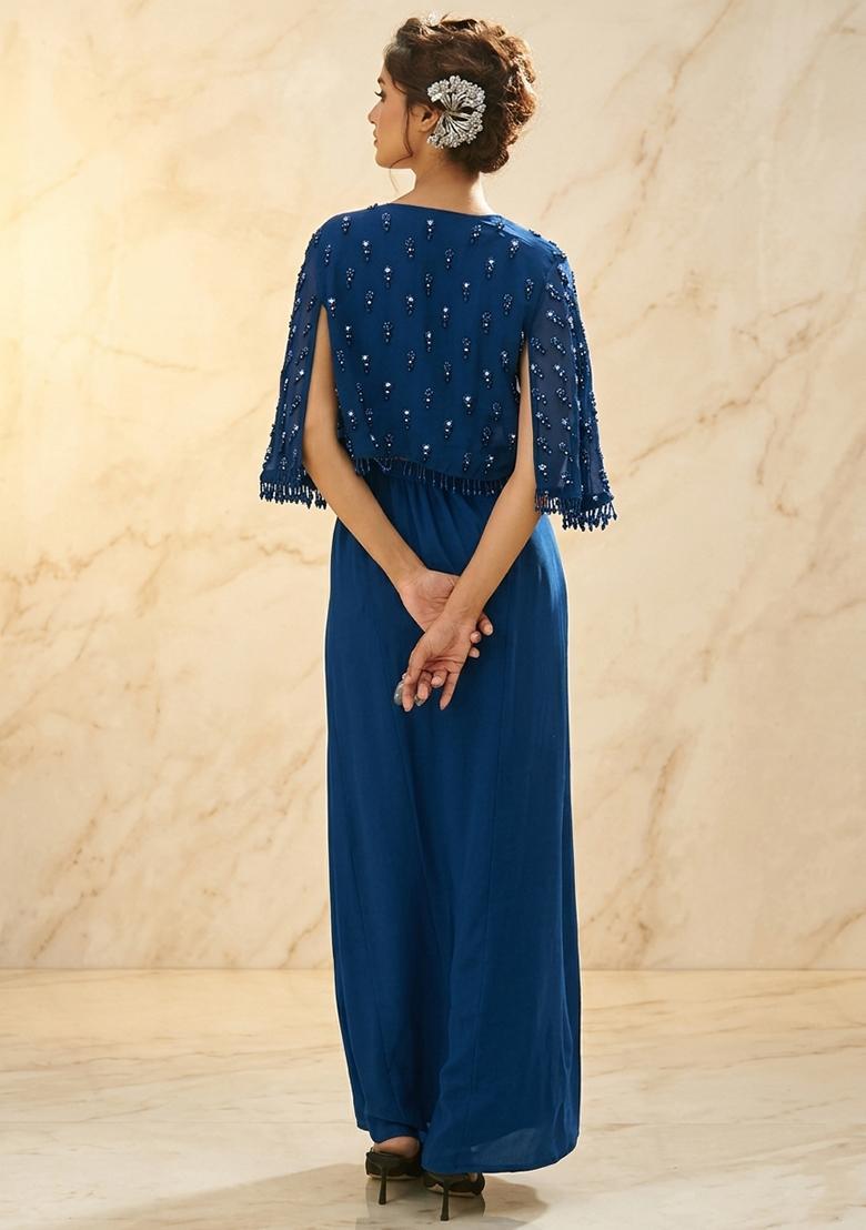 Navy Blue Embroidered Handwork Fusion Set - Indya