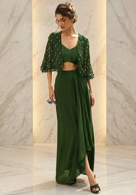 Forest Green Embroidered Handwork Fusion Set