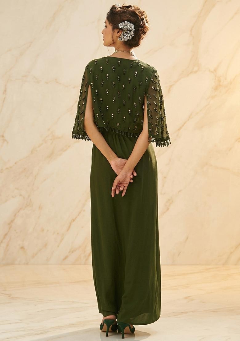 Forest Green Embroidered Handwork Fusion Set - Indya